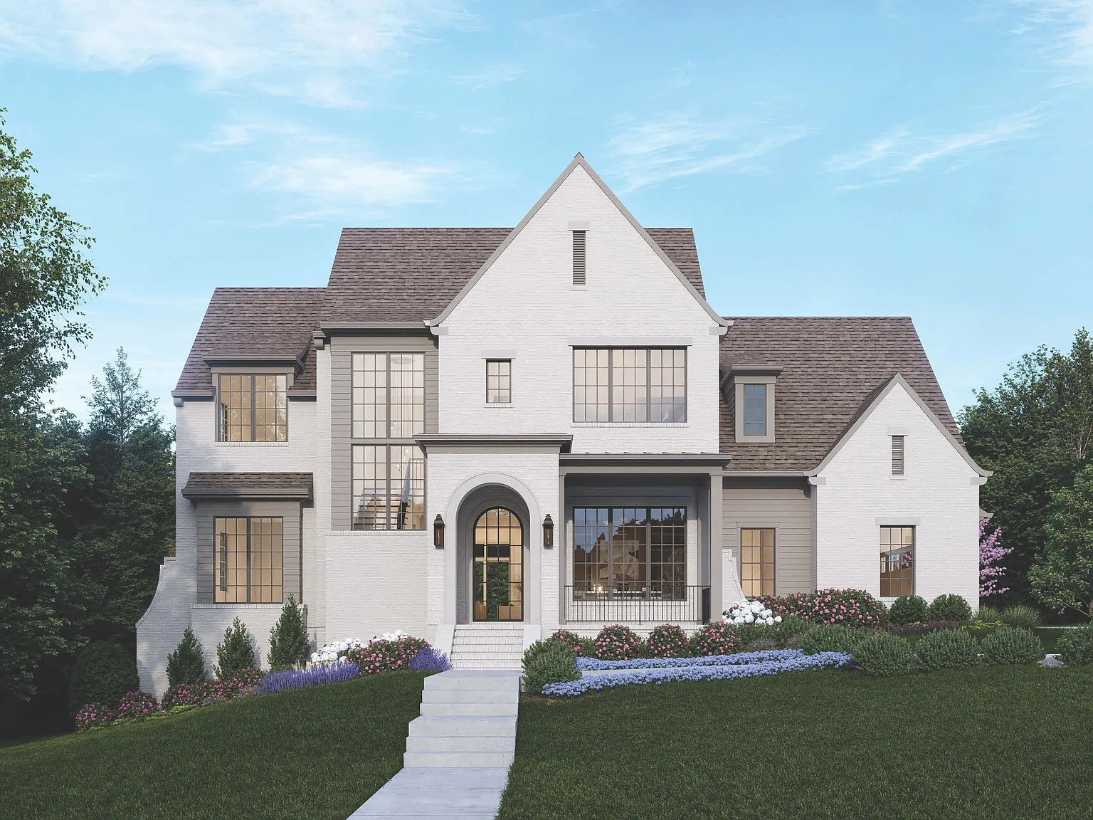 A white home with a walkway built by legend homes